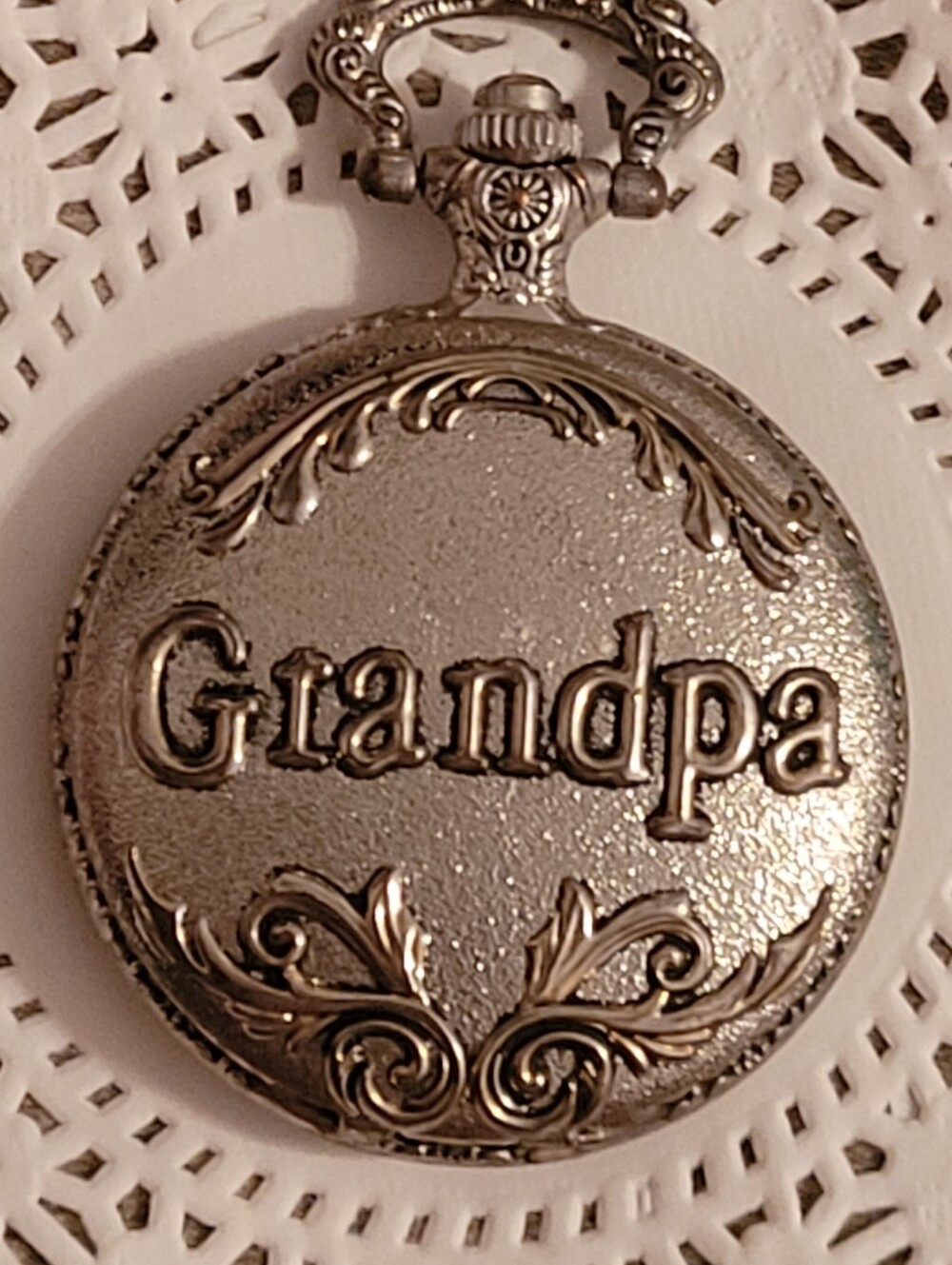 GRANDPA Pocket Watch Locket - Elegant Embossed Silver Tone Metal